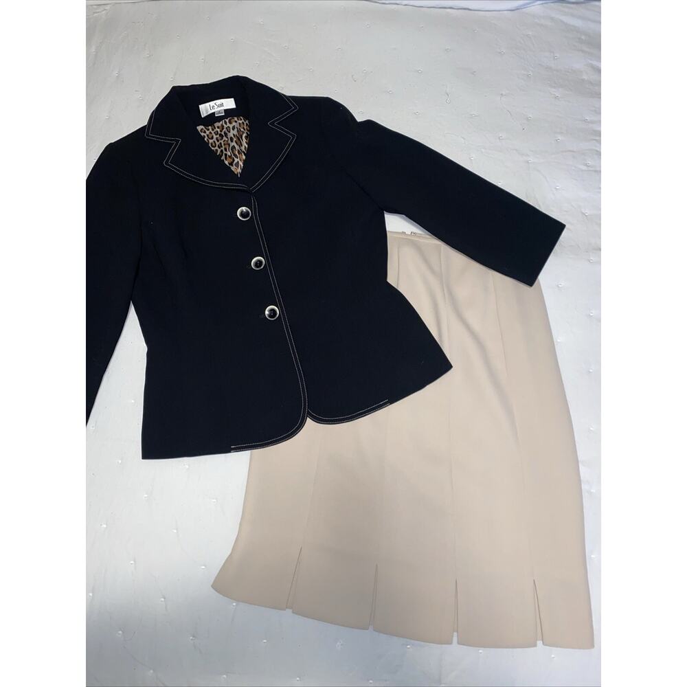 COLLECTION For LE SUIT 2PC Black Ivory Polyester Skirt Jacket Size 6 R-0497